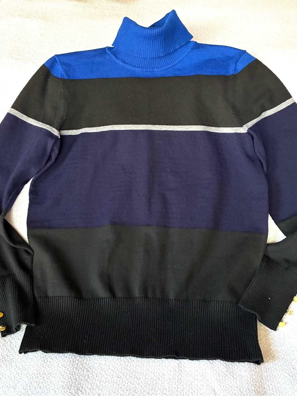Cable & Gauge Blue, Black and Gray Striped Turtleneck Sweater
